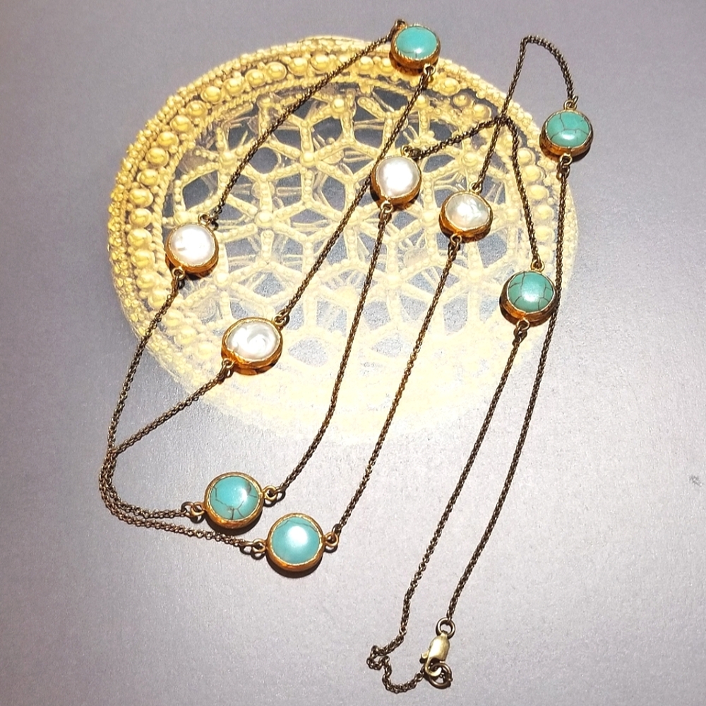 VTG 44" Gold Vermeil Turquoise & Coin Pearl Station Necklace - Picture 2 of 6